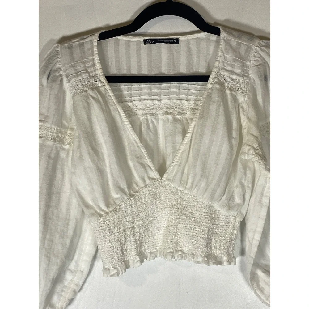 Zara XS Ivory Peasant Crop Top Lace Smocked Boho Cottagecore Blouse Milkmaid